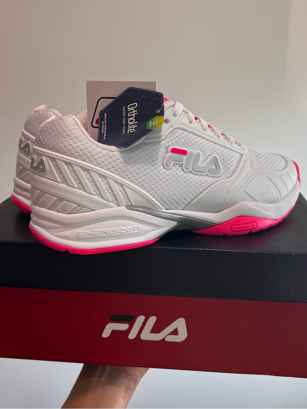 FILA Women's White and Pink Tennis Pickleball Sneakers